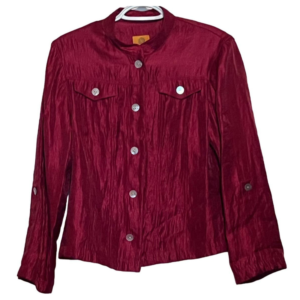 Ruby Rd. Women's Shiny Crinkle Rust Jacket Look Blouse Faux Front Pockets Size 6